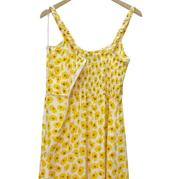 Faithfull the Brand Noemie Dress Size 8 US Yellow Floral Midi Ruffle Hem Smocked - Picture 7 of 14